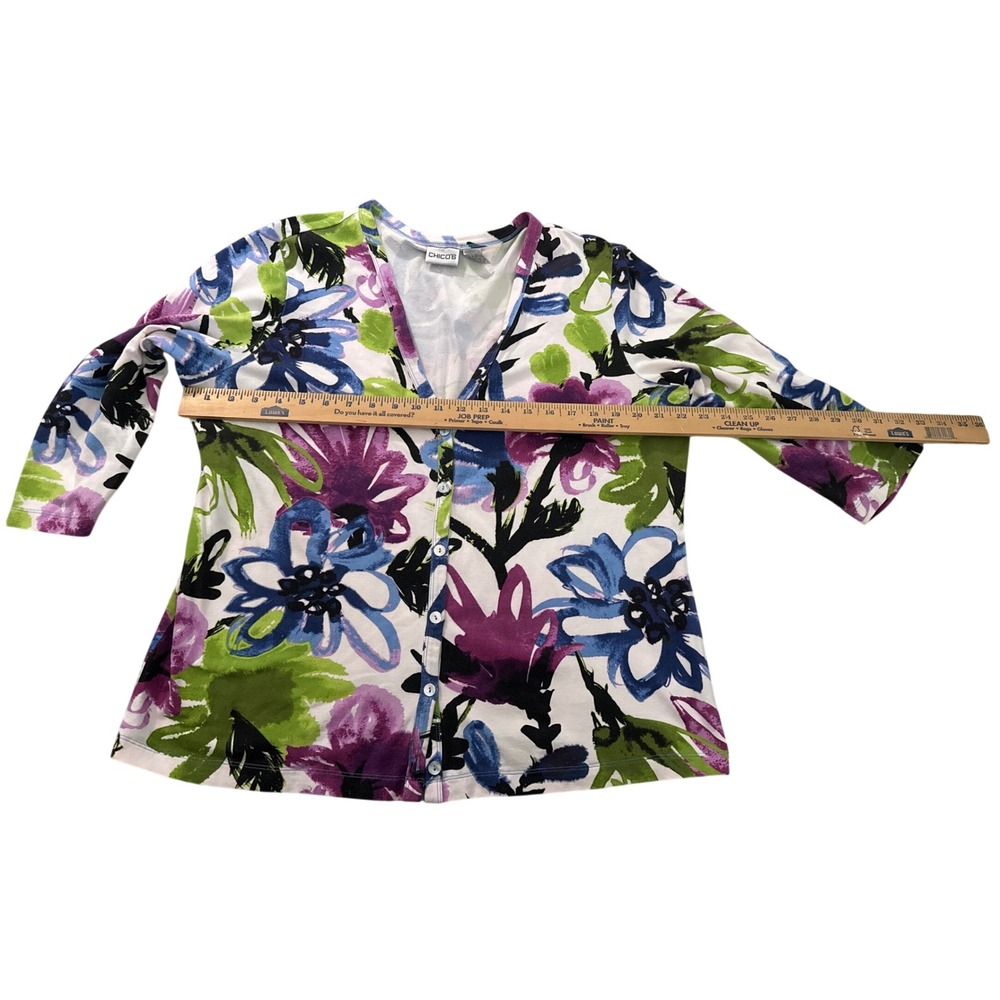 Chicos Floral Cardigan Top Size 3 XL Purple Blue Green V-Neck Button Front Knit